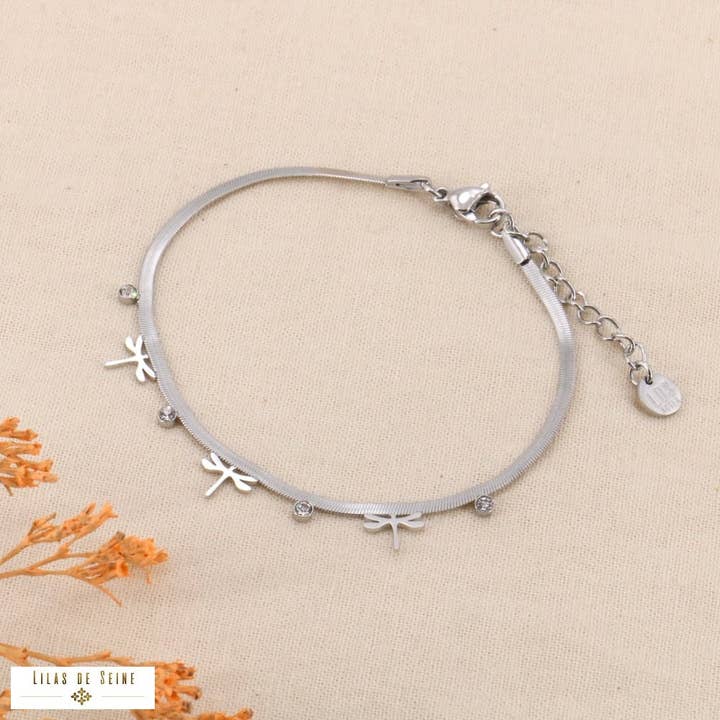 Mirror chain bracelet in stainless steel. Dragonfly rhinestone 0224005 for wholesale by Lilas de Seine