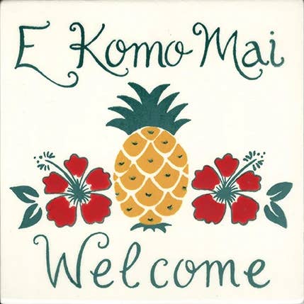 E Komo Mai (Welcome) Pineapple Tile 6" for wholesale by Banana Patch Studio