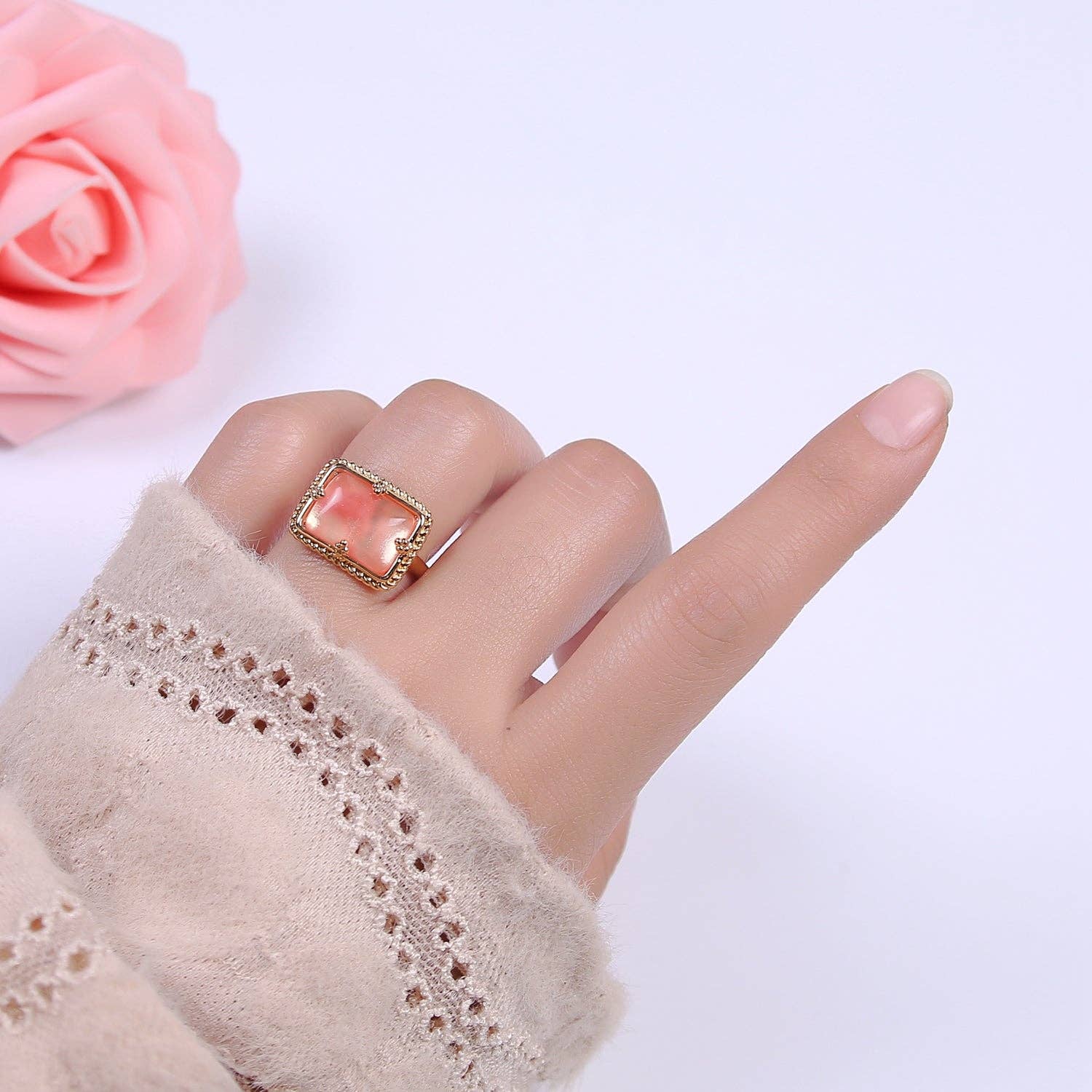 Aim Eternal - Wholesale Cocktail/Statement Ring - 24K Gold Filled Gold Watermelon Pink Rectangular Gemstone Ring, Chunky Statement Ring | U4531