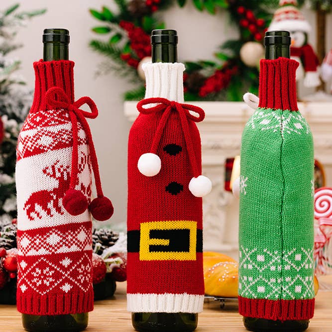 Comely Fashion - Wholesale Drink Huggers & Koozies - Christmas Elements Knit Wine Bottle Sweater CF-HB0483