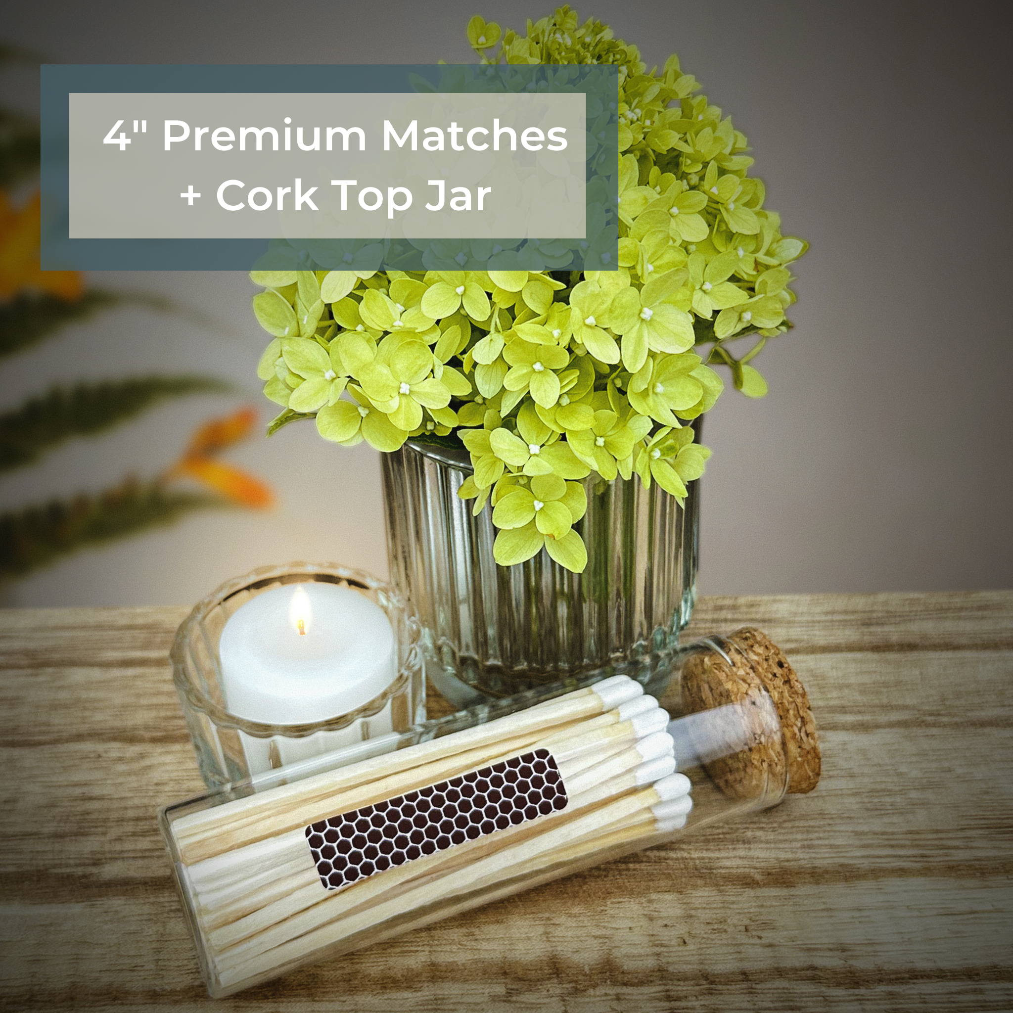 Thankful Greetings - Wholesale Matches - 4" Matches in Chic Cork Top Jar - Colors of Your Choice4