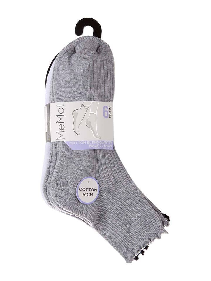 Infinity Classics International Inc. - Wholesale Socks - Women's - Ribbed Picot Cuff Cotton Quarter Sock 6 Pr Pack1