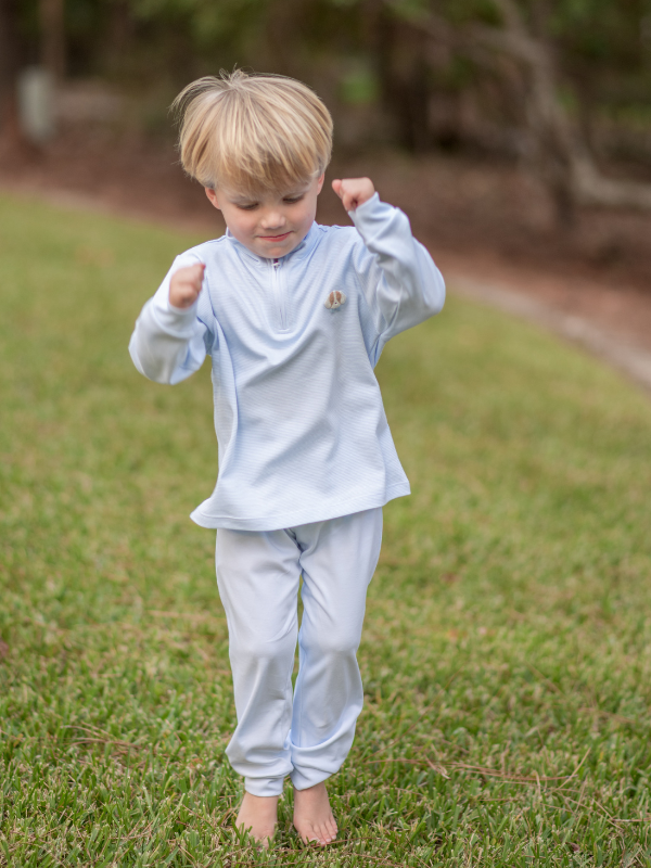 Spotted Puppy Half Zip Baby Pullover Set | Lt Blue Mini Stripe for wholesale on Faire5