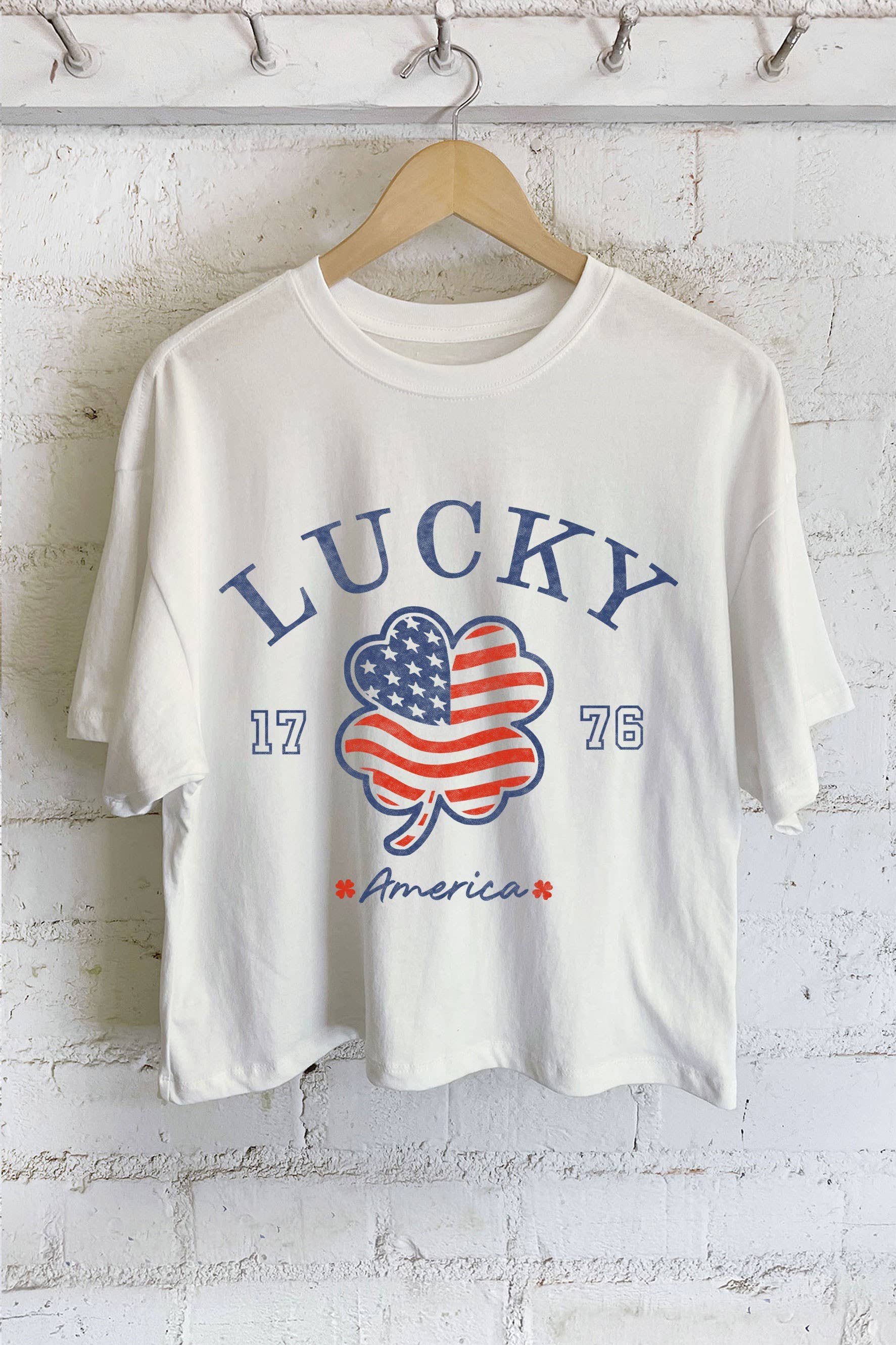 Rustee Clothing - Wholesale Screen Printed T-Shirt - Women's - LUCKY AMERICA CLOVER FLAG GRAPHIC LONG CROP TOP2