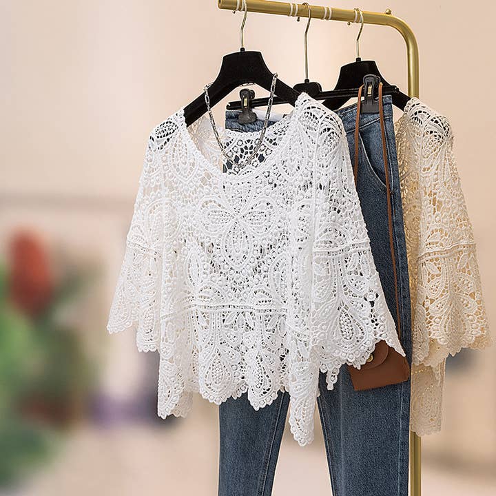 HIDDENBRAND - Wholesale T-Shirt - Women's - Bohemia Crochet Lace bell flare sleeve tee top cover up