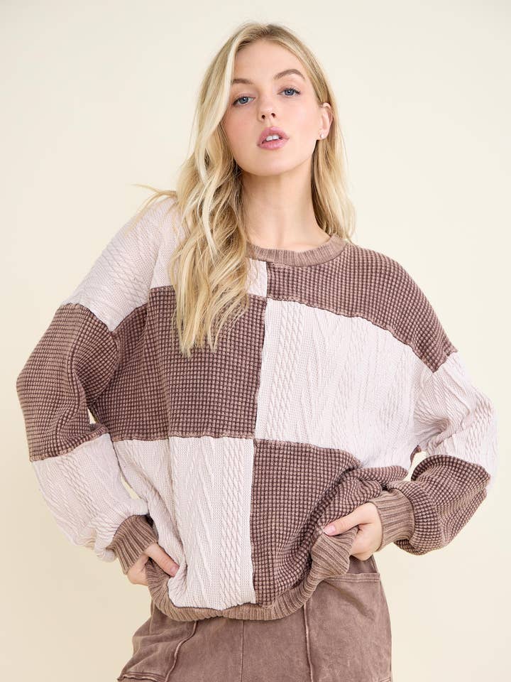 J.Her - Wholesale Knit Sweater - Women's - Mineral Washed Fall Winter Boho block Sweather Top HT67910