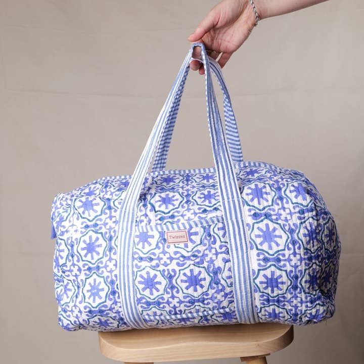 Borsa da weekend con stampa indiana a blocchi - Geometrico malva per la vendita all'ingrosso da parte di Twizzell