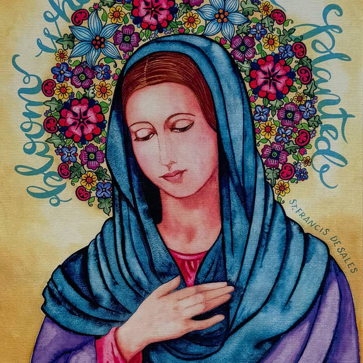Virgin Mary- May Crowning- Catholic Whimsical Art Print for wholesale by Carla Quigley Art