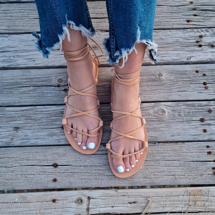 Madammeshushu - Vente Sandales – femme - Sandales grecques à nouer, sandales gladiateur en cuir, sandales plates2