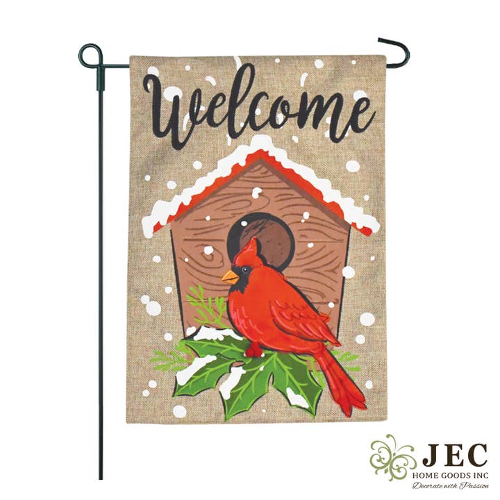 JEC Home Goods Inc - Wholesale Flag - Winter Cardinal Burlap 2-Sided Garden Flag 12.5x18"