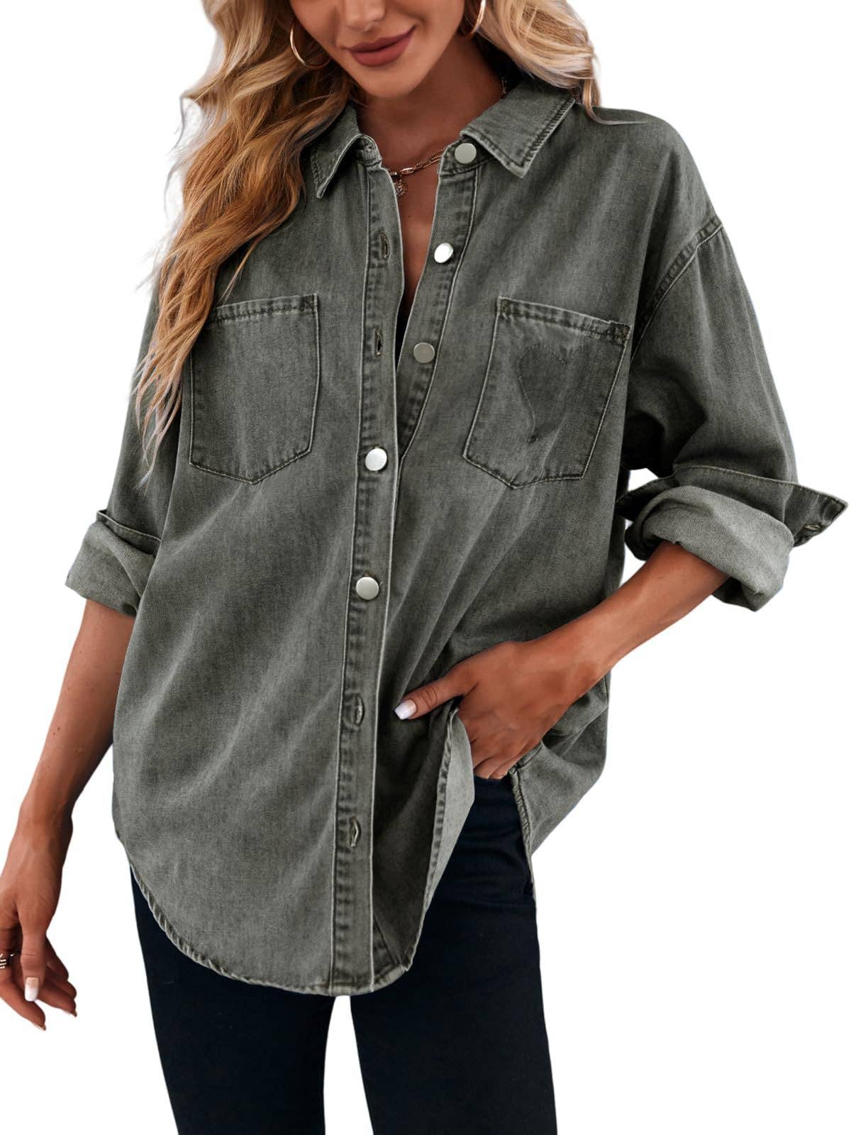 Masyal - Wholesale Button Down Shirt - Women's - Women's Casual Loose Denim Shirt with Turn-Down Collar1