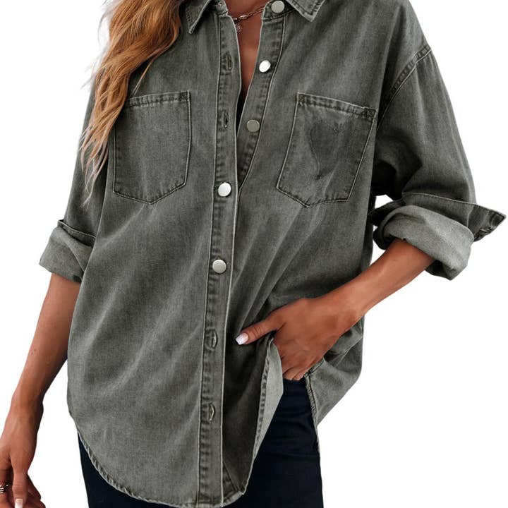 Masyal - Wholesale Button Down Shirt - Women's - Women's Casual Loose Denim Shirt with Turn-Down Collar1