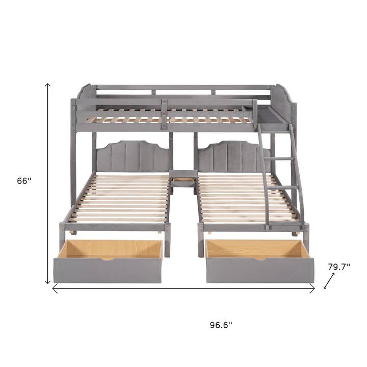 HomeRoots - Wholesale Bed - Gray Full Over Two Twins Solid Wood Bunk Bed With Drawers And Storage2