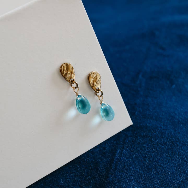 Bali Soul - Wholesale Dangle Earrings - Blue Breeze Glass Teardrop Stud Gold Earrings2