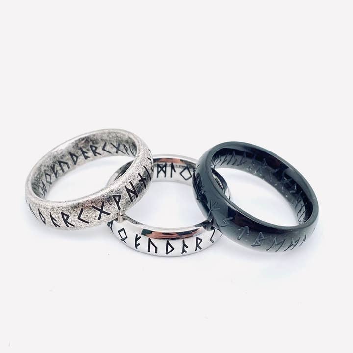 Mio Queena - Wholesale Band/Stacked Ring - Vintage Viking Text Luen Rune Titanium Steel Ring - MJ/MR