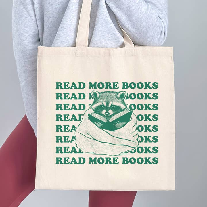Raccoon Read More Books Canvas Tote Bag for wholesale by DaisyChainDesignCo