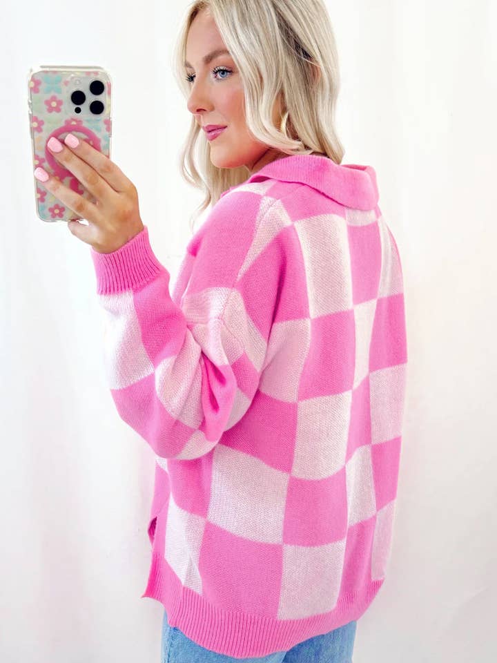 Roze Roze geruite halve knoopsluiting trui met kraag en verlaagde schouders voor groothandel op Faire1