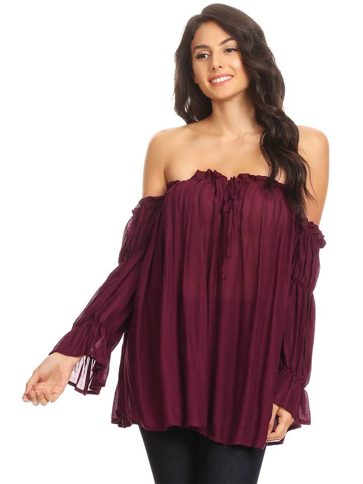 Anna Kaci Wholesale - Wholesale Blouse - Women's - Semi Sheer Boho Peasant Off the Shoulder Top28