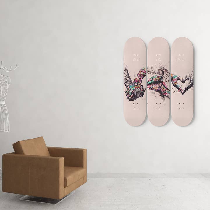 Banksy Style Love And Kissing Wall Art | 3 - Piece Skate Deck Art, Graffiti Street Mural Print, Pro-Grade Maple Wood Wall Decor for wholesale by SkateboardArtsy
