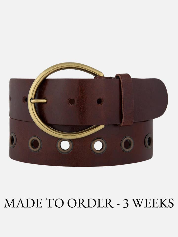 MADE TO ORDER Sylvie | Gold Buckle Studded Wide Belt for wholesale by Amsterdam Heritage Leather Belts, Bags, Jackets & Apparel