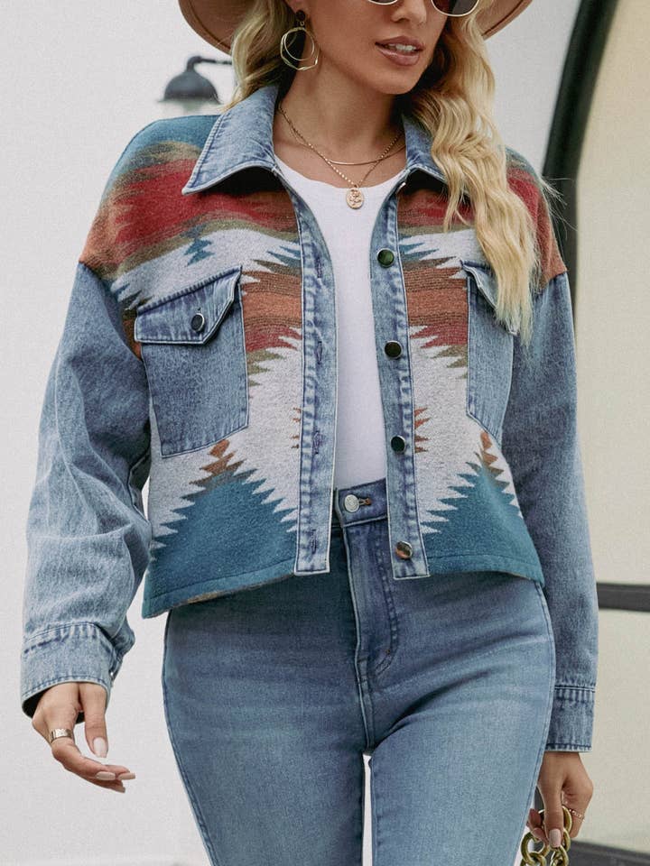 Geometric Denim Panels Buttoned Lapel Cropped Coat for wholesale by HIDDENBRAND