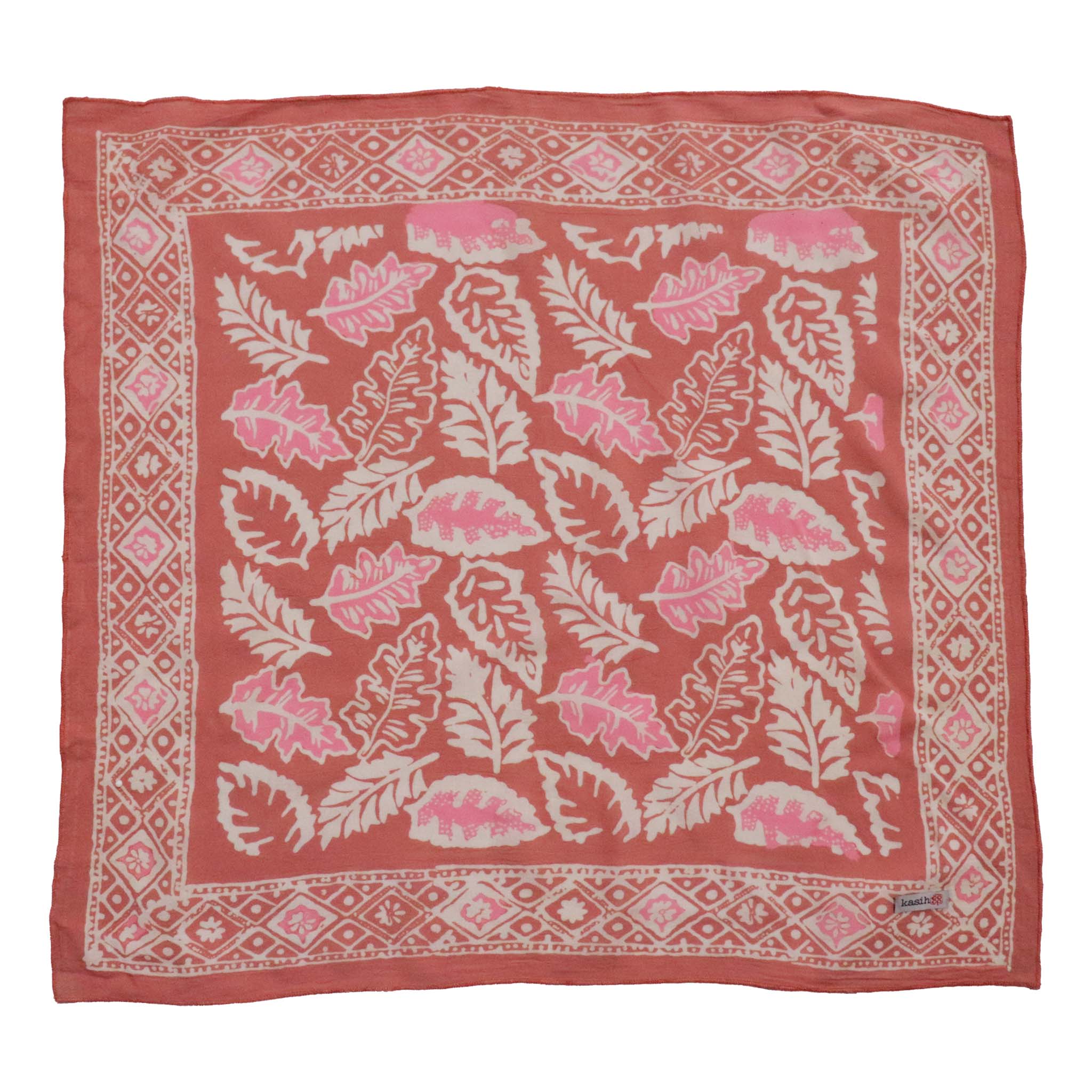 Kasih Co-op – wholesale Bandana – Women's – Hand Dyed Batik Bandana, Peach Pink Coral Leaves1