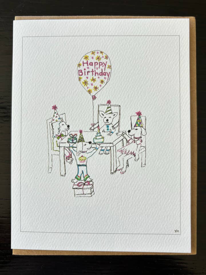 Dog party happy birthday balloon dog card for wholesale by Bernie Street Studios