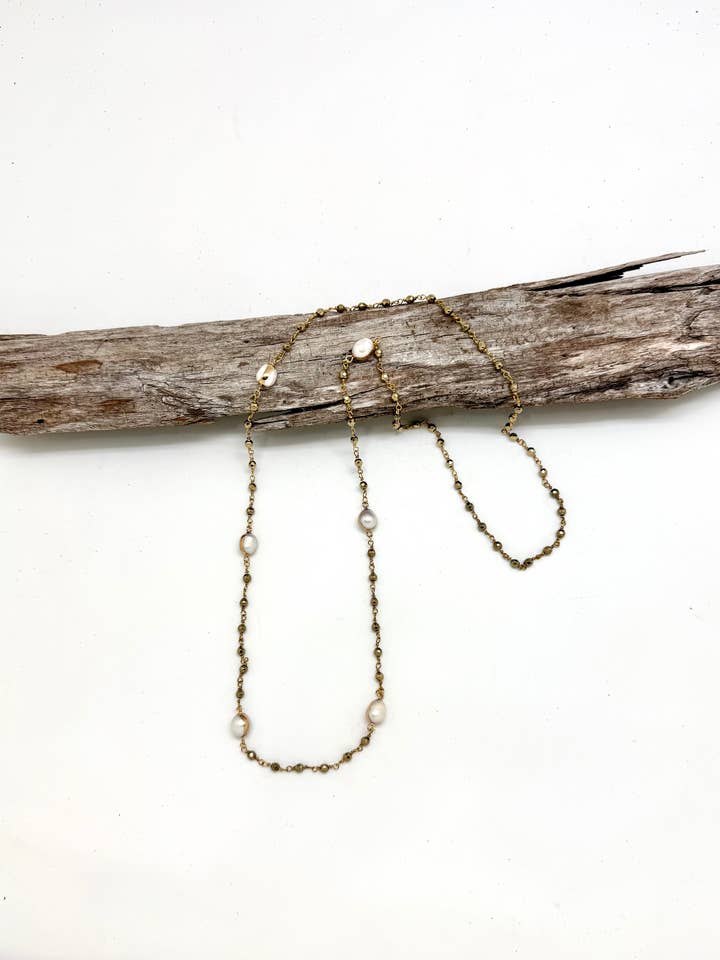 Necklace Freshwater Pearls on Pyrite Hematite Bead Chain 32” for wholesale by Rant & Rave Classic