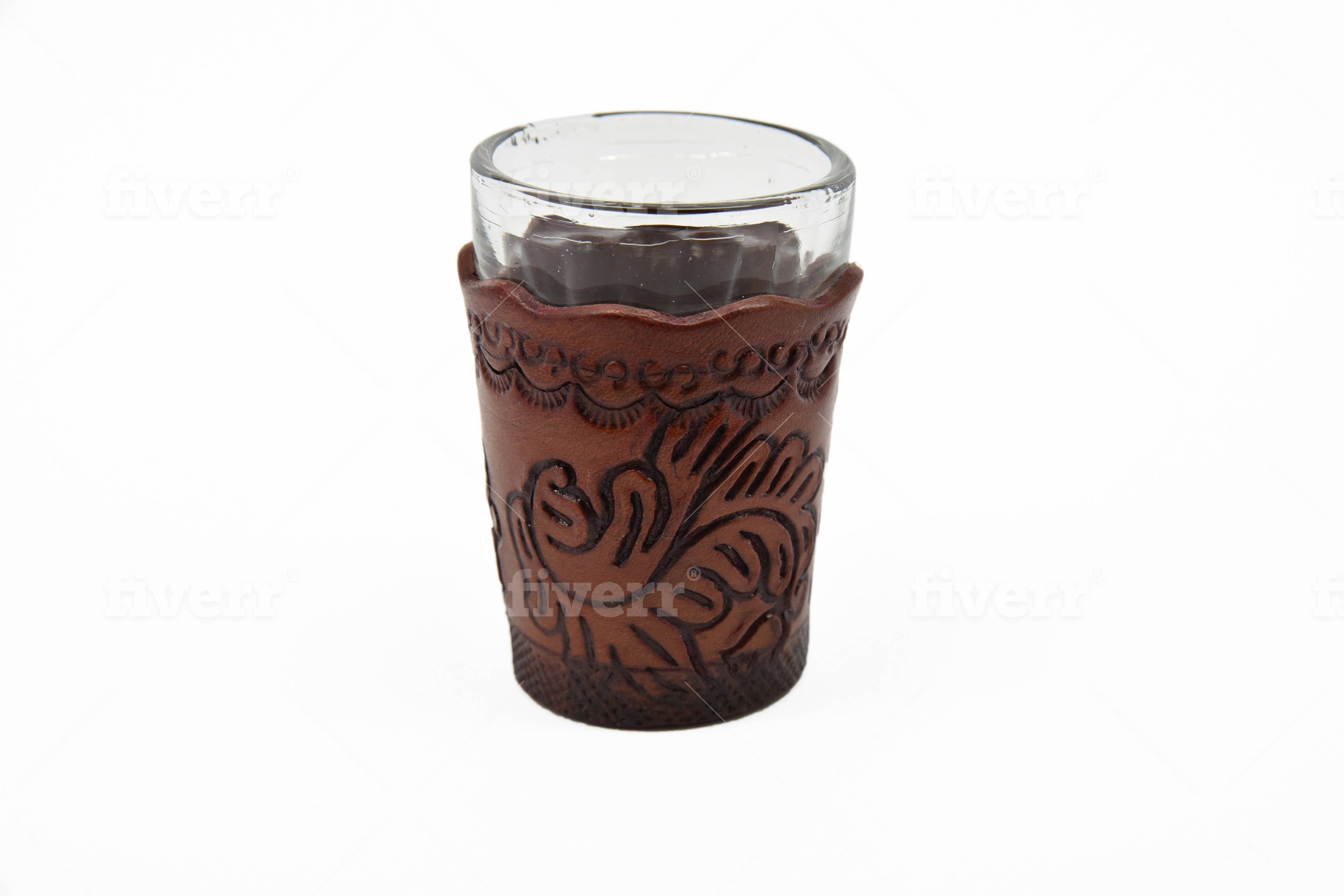 Sanyork Fair Trade - Wholesale Shot glass - Leather Boot Bottom Cover Holder Tooled Shot Glass Wrap SM