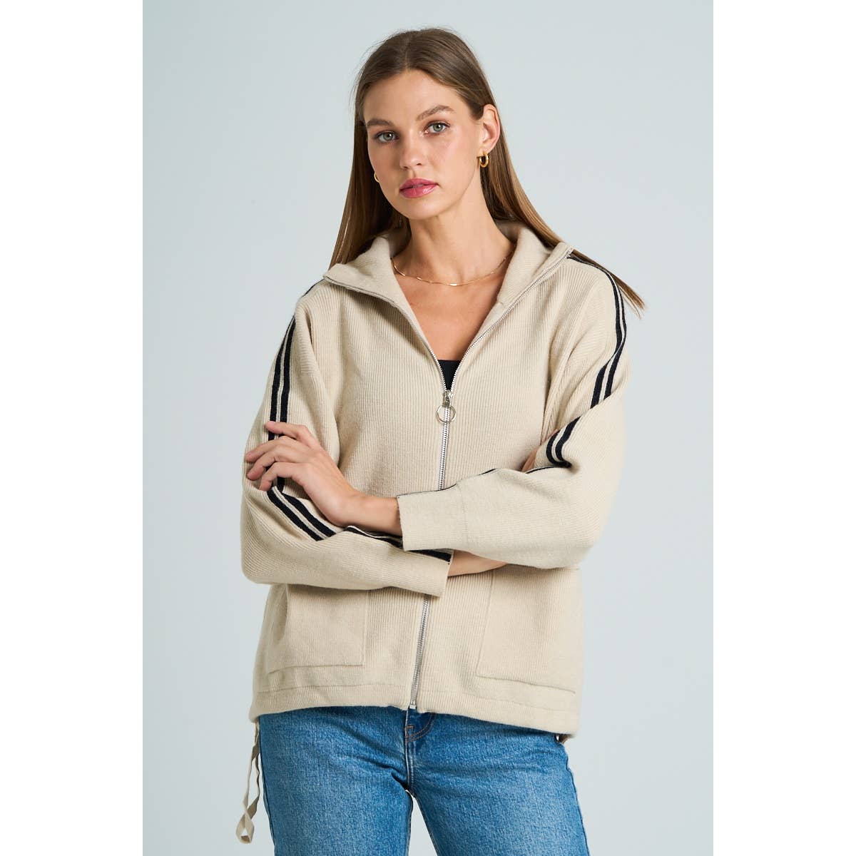 The GREii - Vente Pull en maille – femme - Pull en tricot à manches rayées et fermeture éclair1