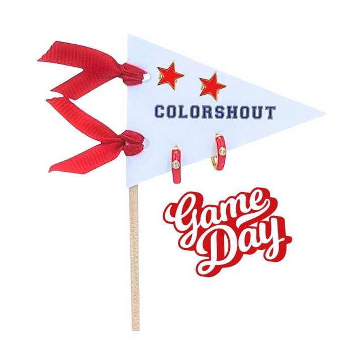 E203- Game Day: Pennant Pair- Team Color Huggie Hoops + Star Stud Earrings on Pennant Flag for wholesale by Color Shout
