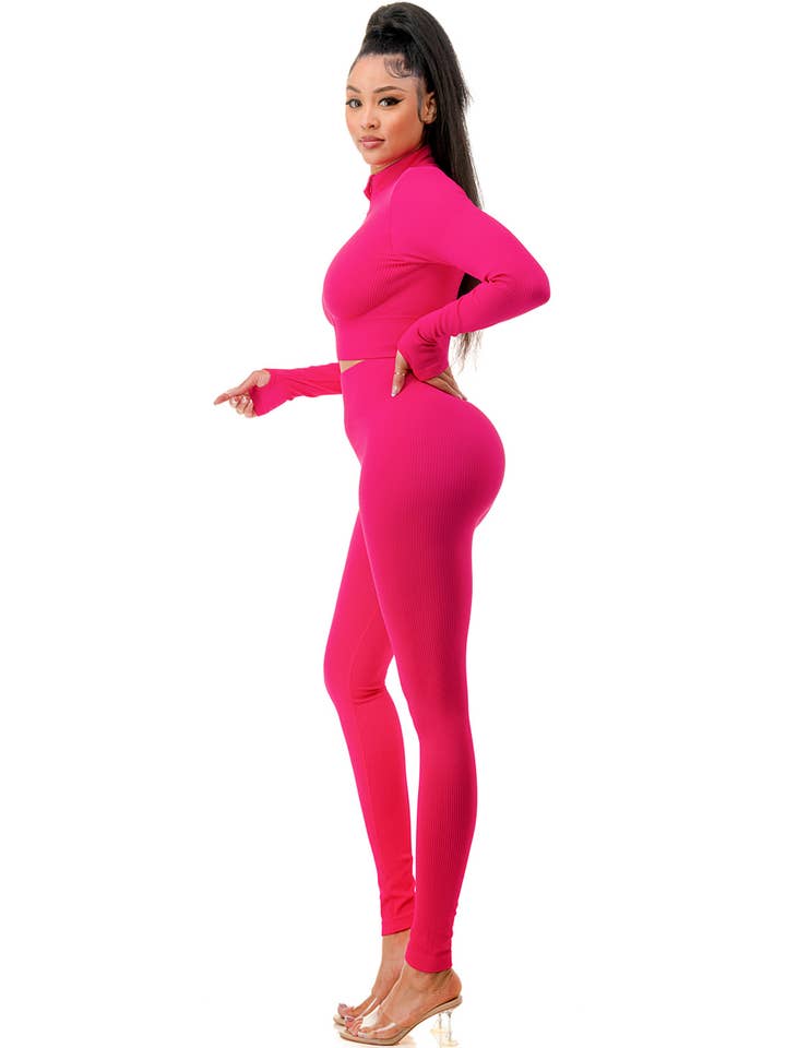 MIO WHOLESALE - Wholesale Top & Pant Set (NOT Loungewear) - Women's - JA60SET SOLID RIB ZIP-UP FRONT CROP JACKET SET3