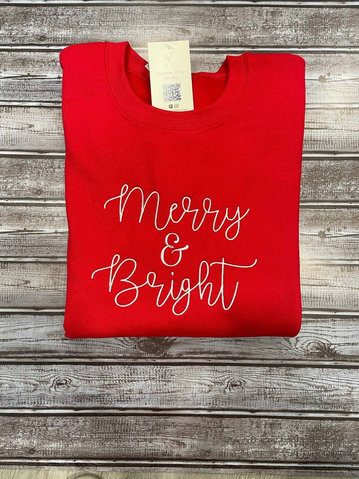 Buena Vida Embroidery LLC - Wholesale Sweatshirt - Women's - Merry & Bright Christmas Embroidered Crew Sweatshirt
