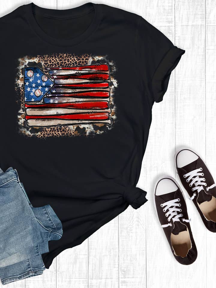 Rebel Rose - Wholesale Screen Printed T-Shirt - Women's - Baseball American Flag Graphic Tee0