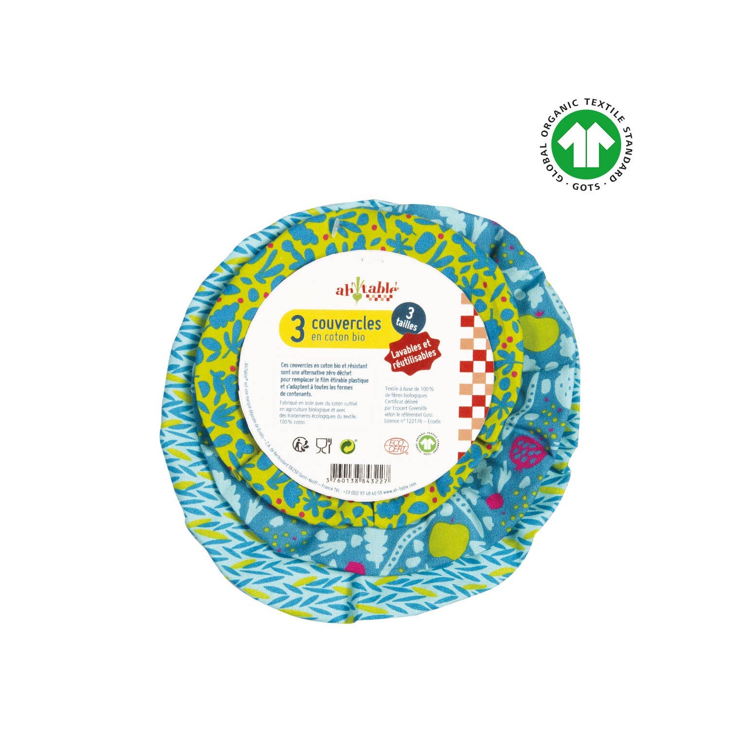 Ah! Table! - Ecodis - Vendita all'ingrosso Involucro/sacchetto per alimenti - Set da 3 coperture per alimenti in cotone organico Ø 15, 17 e 19 cm1