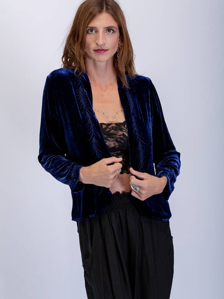 Audrey Silk Velvet Embroidered Jacket Navy for wholesale by TABOO FASHION