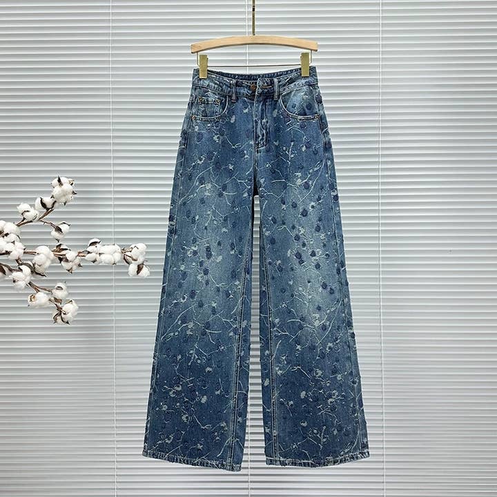 SY550 Strass bestickte High Waist Jeans mit weitem Bein für den Großhandel von Sanyao Fashion