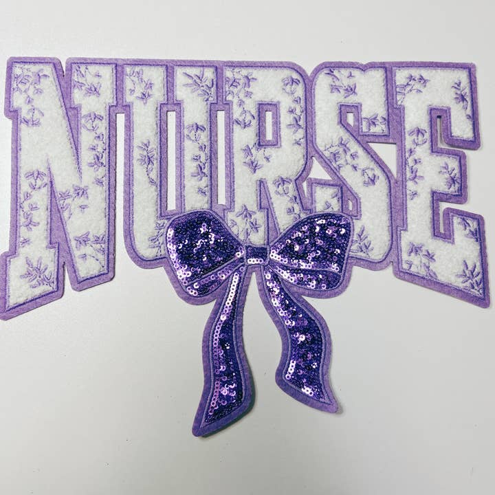 TEELUX - Wholesale Patch - 11" Nurse with sequin bow and embroidered Floral Purple - Sequin & Chenille Patch