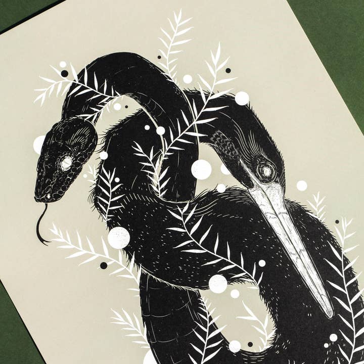Poster artistico formato A3 - Serpente e Cormorano per la vendita all'ingrosso da parte di Nadie van Wijk - Ontwerp & Illustratie