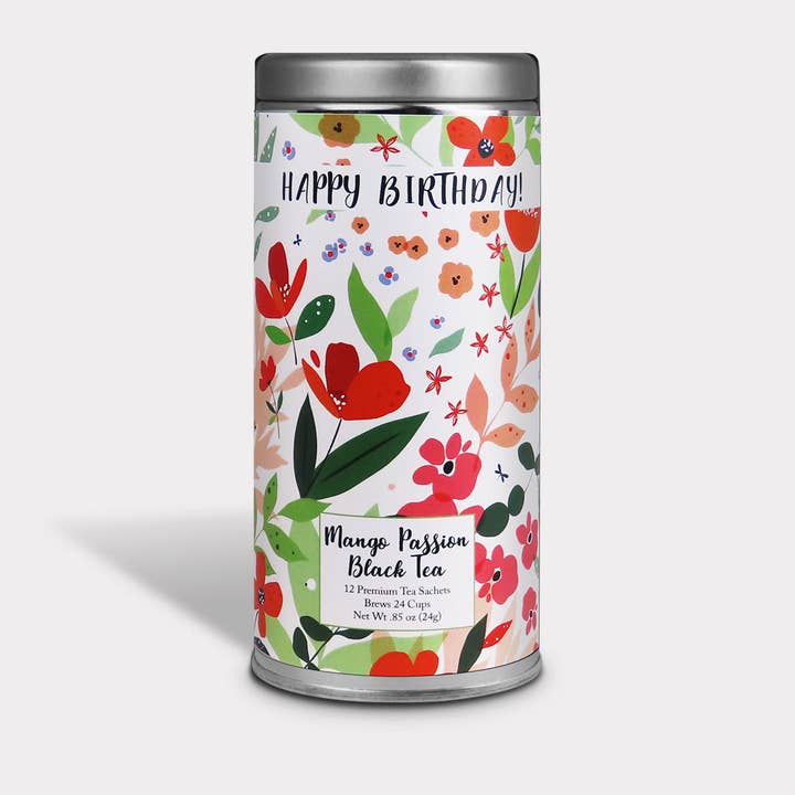 Happy Birthday! Mango Passion-12 Tea Sachets - Tall Tin for wholesale by The Tea Can Company