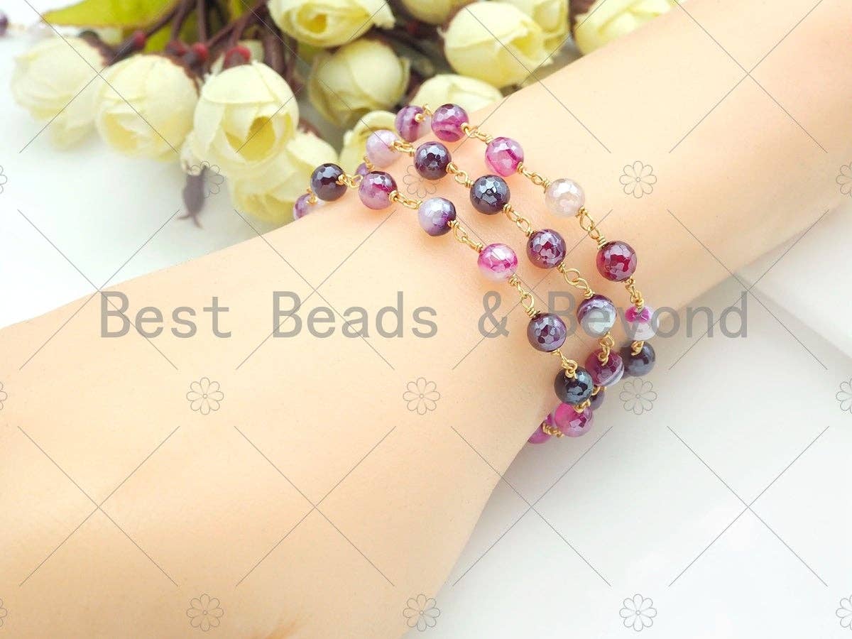 BestBeads&Beyond - Wholesale Beaded/Pearl Necklace - ESTY EXCLUSIVE!!! Mystic Pink/Brown Agate Rosary Chain, 6mm Beaded Chain, Wire Wrapped Gold Chain,Sku#V793