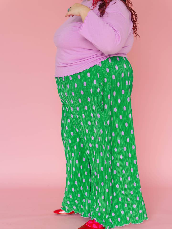 Size Inclusive Green & Purple Polka Dot Pleated Flare Pant for wholesale by Nettle Studios