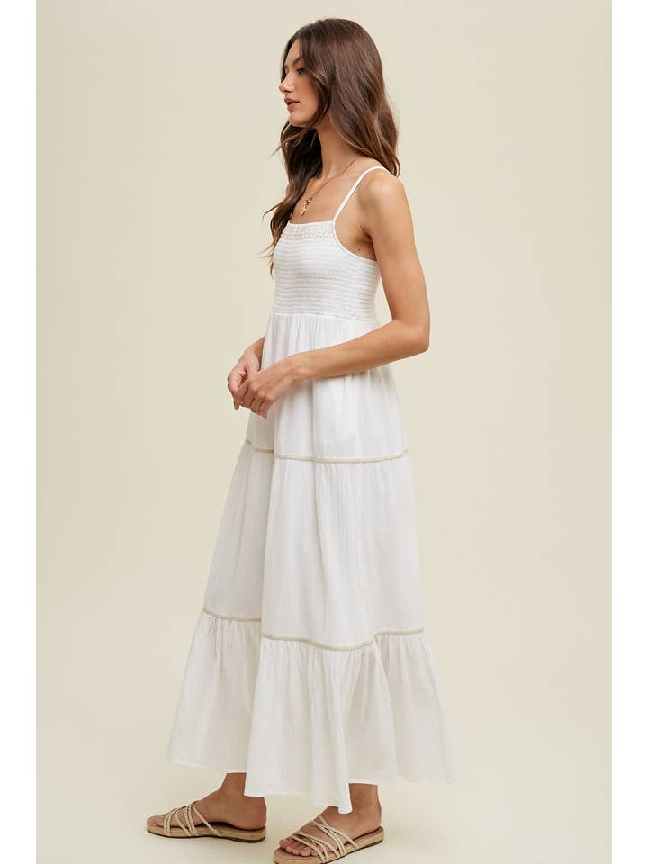 IVORY SMOCKED MAXI DRESS WITH TRIM DETAIL / WL23-8206 for wholesale on Faire