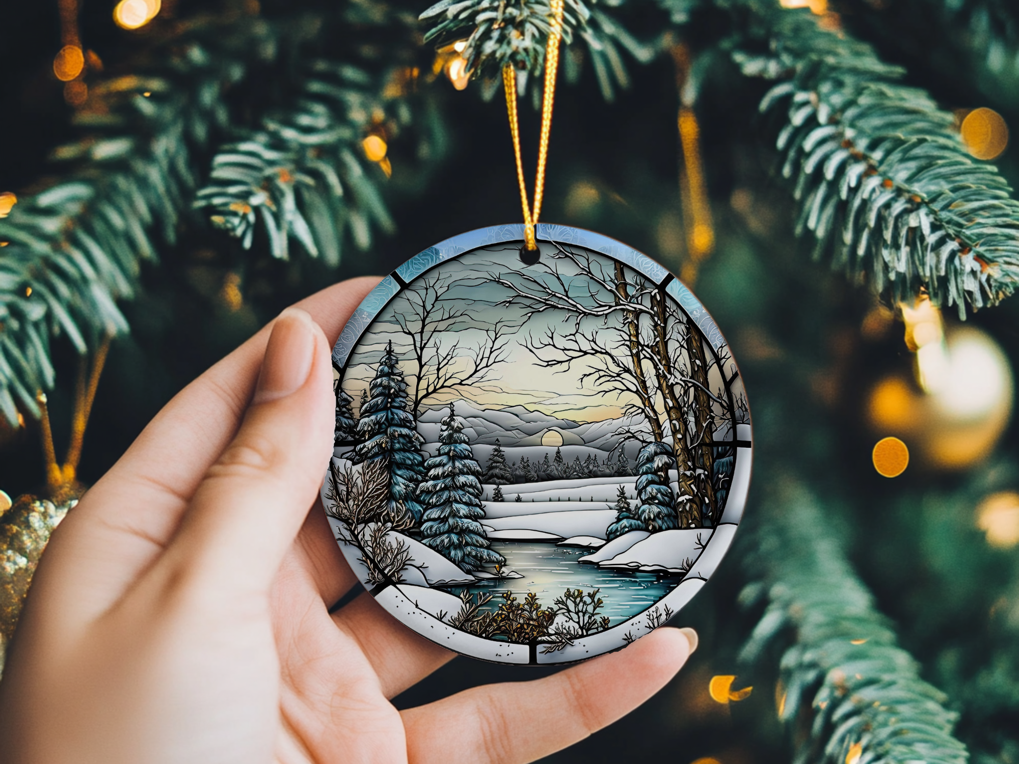 Fernville Creations - Vente Objets de décoration - Ornement en céramique scène d'hiver avec image en vitrail12