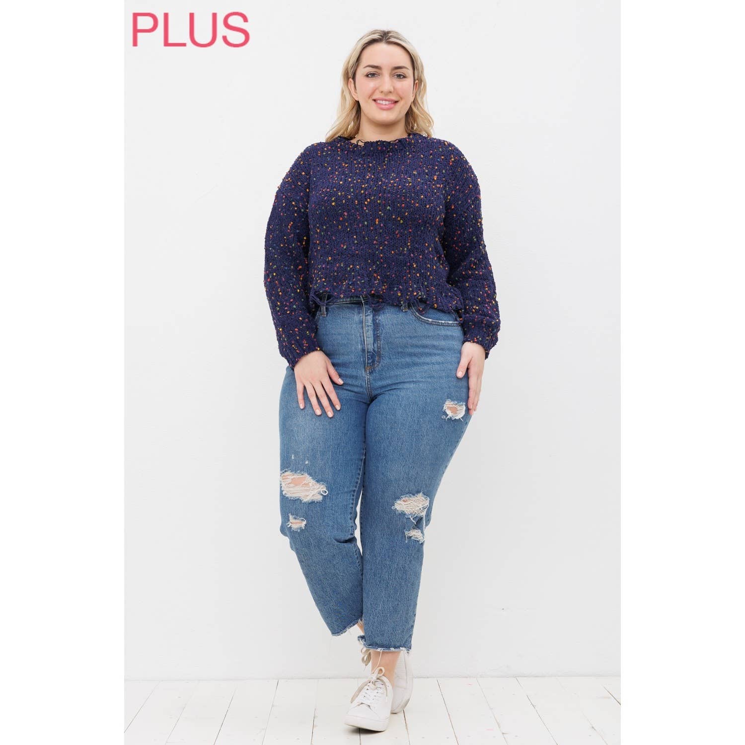 Sweet Generis – Engroshandel Pullover - Dame – PLUS CHENILLE POPCORN PLETTER NØDLIDENDE CROP SWEATER11