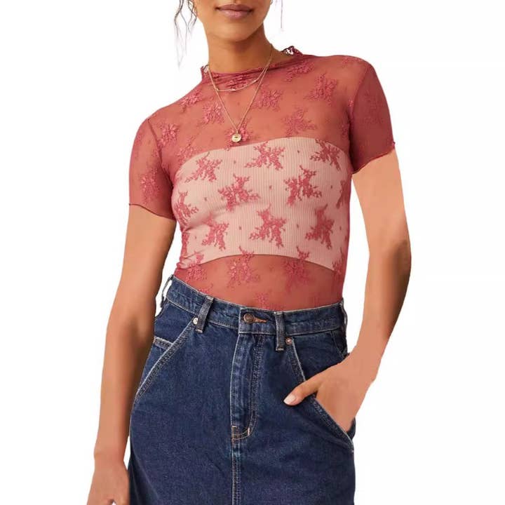Hope & Sunshine - Wholesale Blouse - Women's - Sheer Mesh Lace Short Sleeve Top