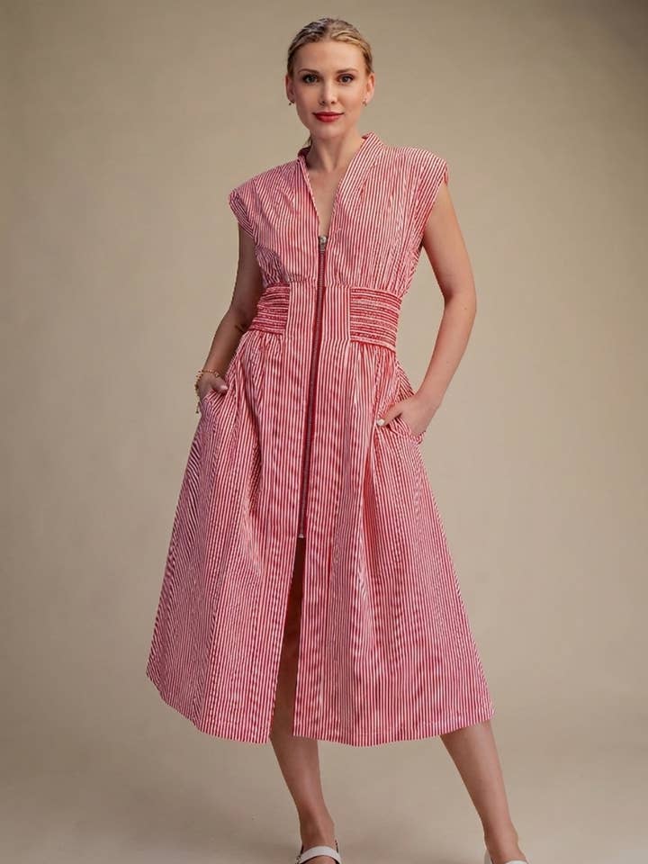 V-Neck Front Zip Waist Smocked Casual Midi Dress for wholesale by Glam