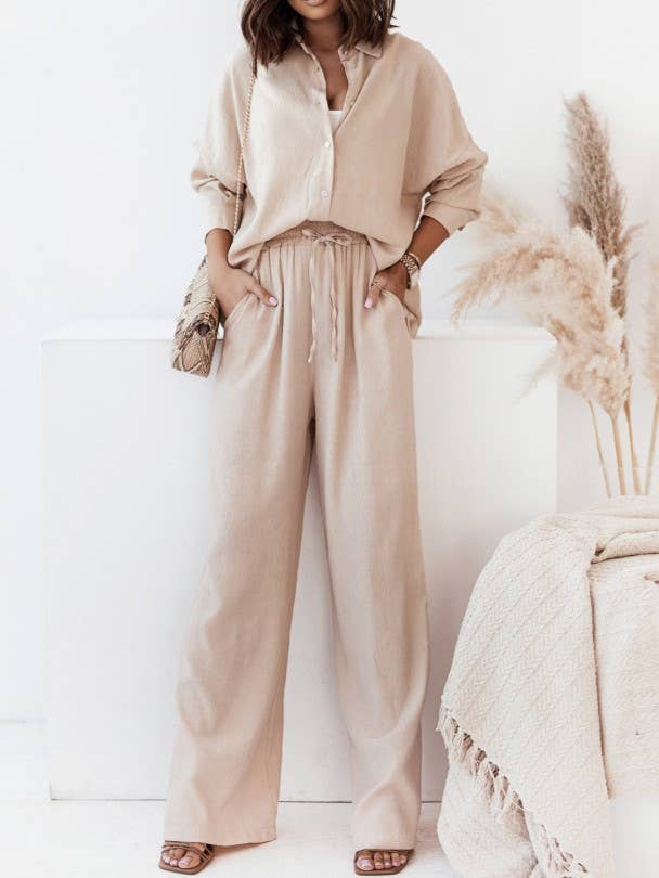 Rosa Clothing - Wholesale Top & Pant Set (NOT Loungewear) - Women's - Casual Simple Plain Shirt High-Waisted Trousers Set2