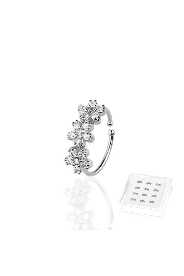 CRAVE - Wholesale Hoop Earrings - 925 STERLING SILVER NOSE HOOP W/ TRIPLE CZ PRONG FLOWER0