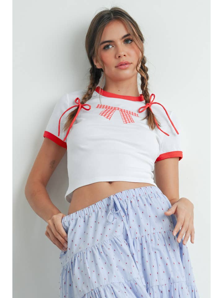 BUTTERMELON - Wholesale Screen Printed T-Shirt - Women's - Bow Print Crop Tee - BMT7649